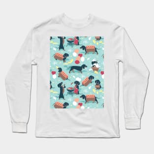 Hot dogs and lemonade // pattern // aqua green background navy and brown dachshunds Long Sleeve T-Shirt